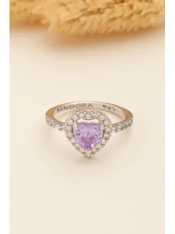 Kadın Gümüş Yüzük - Kalp Model Ametist Taşlı Zirkon Süslemeli Rodyumlu Kadın Yüzük