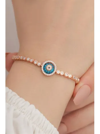 Nazar Boncuklu Su Yolu Bayan Gümüş Bileklik Zirkon Taşlı Rose 925 Ayar