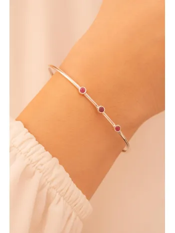 Kadın Gümüş Bileklik - Kadın Kelepçe - El Yapımı Gümüş 3 Sıra Yakut Taşlı Zarif Kadın Bileklik