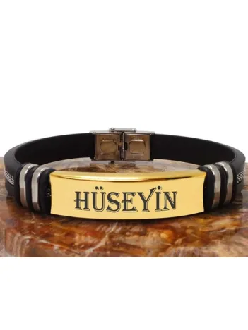 İsim Yazılan Altın Kaplama Çelik Erkek Bileklik Kauçuk Kordonlu