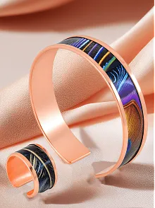 Kadın Bakır Bileklik Yüzük Set- Galassia Model Özel Baskı Metal Kutu Ve Kuvars Taşı