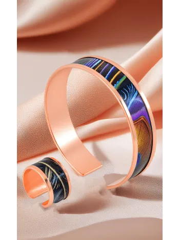 Kadın Bakır Bileklik Yüzük Set- Galassia Model Özel Baskı Metal Kutu Ve Kuvars Taşı