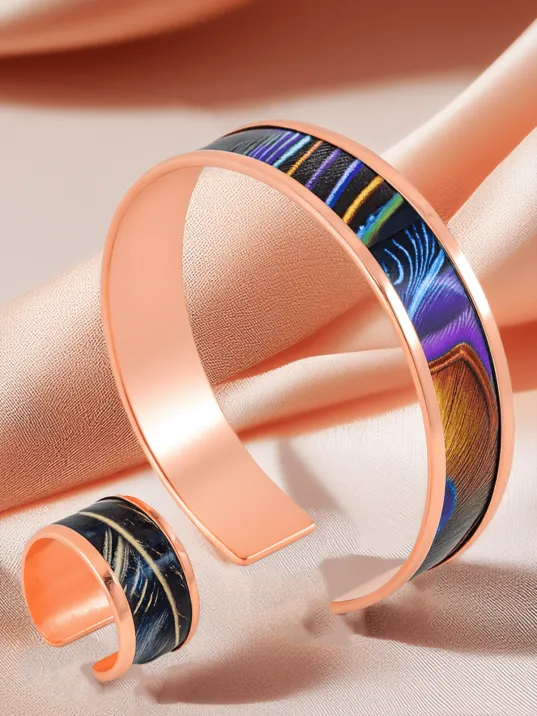 Kadın Bakır Bileklik Yüzük Set- Galassia Model Özel Baskı Metal Kutu Ve Kuvars Taşı Kadın Bakır Bileklik Yüzük Set- Galassia Model Özel Baskı Metal Kutu Ve Kuvars Taşı