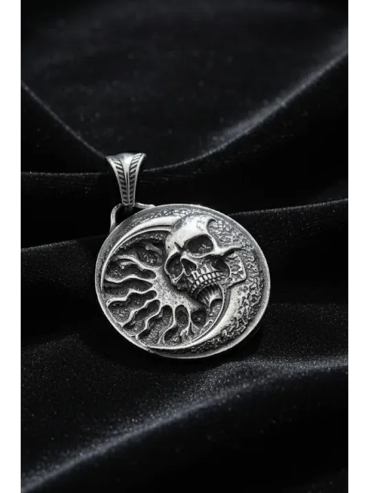 Erkek Gümüş Kolye - 925 Ayar Kabartmalı Güneş Ay ve İskelet Motif Tilki Kuyruğu Zincirli Erkek Kolye