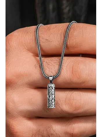 Erkek Gümüş Cevşen Kolye - Kalp Motifli İçi Dualı Erkek Gümüş Cevşen Kolye