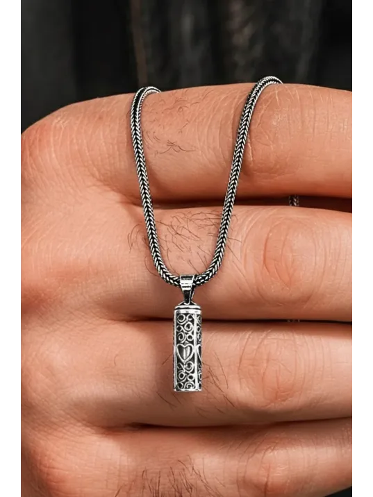 Erkek Gümüş Cevşen Kolye - Kalp Motifli İçi Dualı Erkek Gümüş Cevşen Kolye
