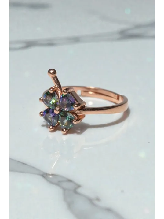 Kadın Gümüş Yüzük - Rose Kaplama Çok Renkli Yonca Model Gümüş Yüzük