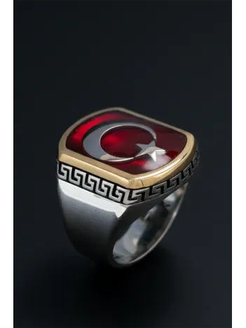 Erkek Gümüş Yüzük - Ay Yıldız İşlemeli Kırmızı Yakut Taşlı Grek Desenli Türk Bayrağı Model Yüzük