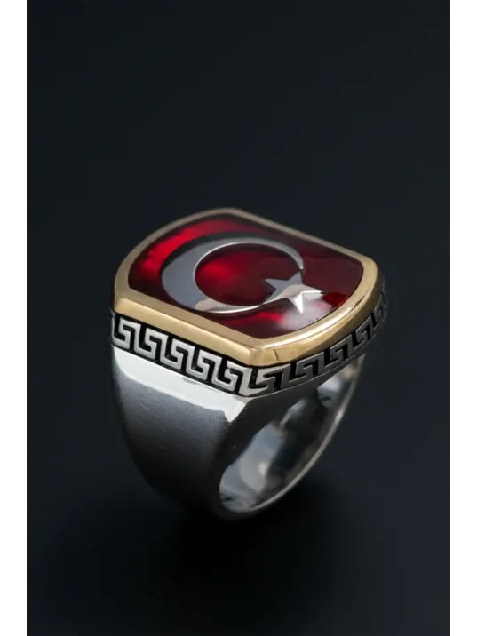 Erkek Gümüş Yüzük - Ay Yıldız İşlemeli Kırmızı Yakut Taşlı Grek Desenli Türk Bayrağı Model Yüzük