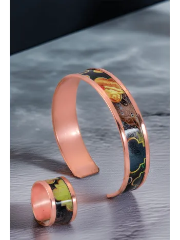 Kadın Bakır Bileklik Yüzük Set - Ester Model Özel Baskı Metal Kutu Ve Kuvars Taşı