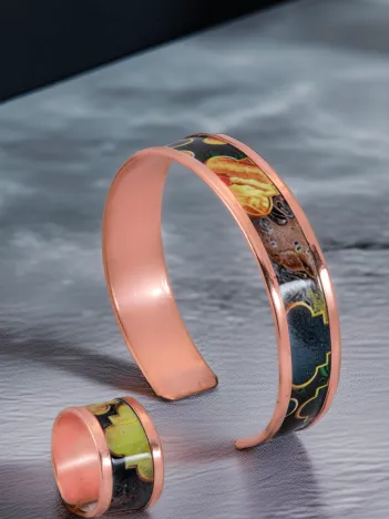 Kadın Bakır Bileklik Yüzük Set - Ester Model Özel Baskı Metal Kutu Ve Kuvars Taşı