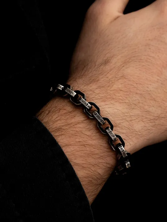 Erkek Gümüş Bileklik - Oksitli Desenli Forse Model Gümüş Bileklik Künye