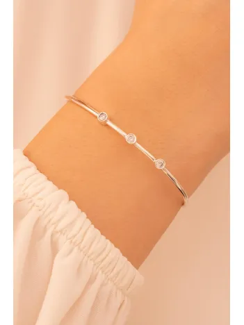 Kadın Gümüş Bileklik - Kadın Kelepçe - El Yapımı Gümüş 3 Sıra Zirkon Taşlı Zarif Kadın Bileklik