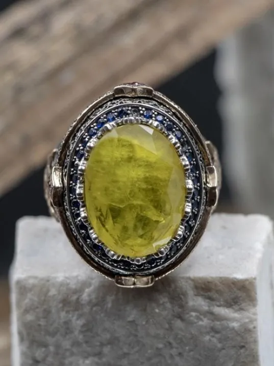 Sarı Paraiba Taşlı Lale Desenli Erkek Gümüş Yüzük GYZYZKEND10-SRI