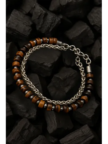 Erkek Çelik Bileklik - 2 Sıra Kahverengi Renkli Yuvarlak Kral Zincir Erkek Bileklik