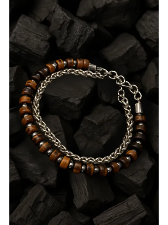 Erkek Çelik Bileklik - 2 Sıra Kahverengi Renkli Yuvarlak Kral Zincir Erkek Bileklik