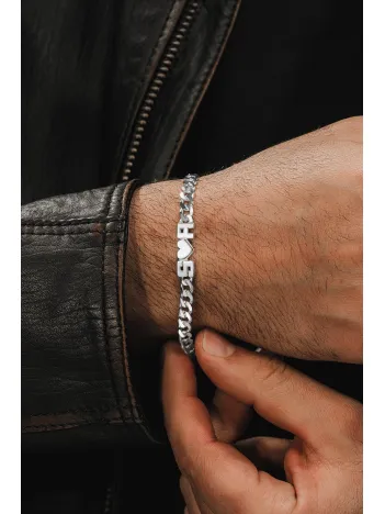 Erkek Gümüş Bileklik - Kesme Harf El İşçiliği Harf ve Obje Yazılı 925 Ayar Gümüş Erkek Bileklik