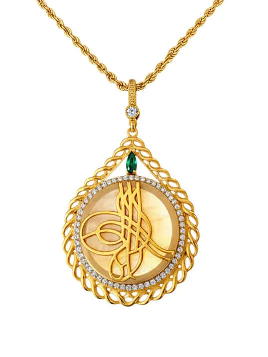 Kadın Gümüş Kolye - Damla Model Zümrüt Taşlı Osmanlı Tuğrası Desenli 22 Ayar Altın Kaplama Kolye