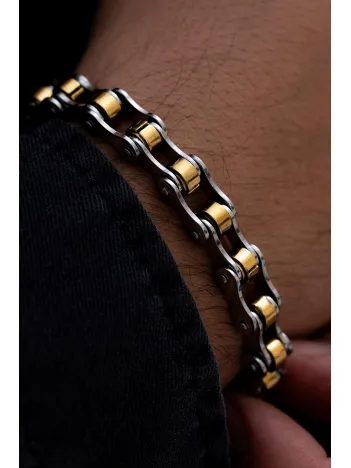 Erkek Çelik Bileklik - Motosiklet Bisiklet Zinciri Sarı Beyaz Model Erkek Çelik Bileklik Ince Model