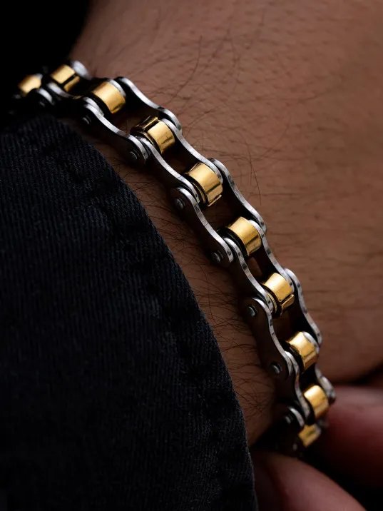 Erkek Çelik Bileklik - Motosiklet Bisiklet Zinciri Sarı Beyaz Model Erkek Çelik Bileklik Ince Model