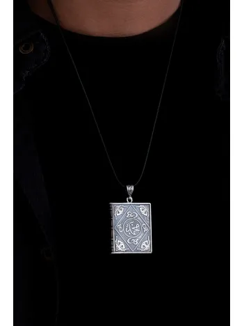 Erkek Gümüş Kolye - Büyük Boy Gümüş Allah Ve Muhammed Yazılı Kitap Model Muska Haznesi Cevşen