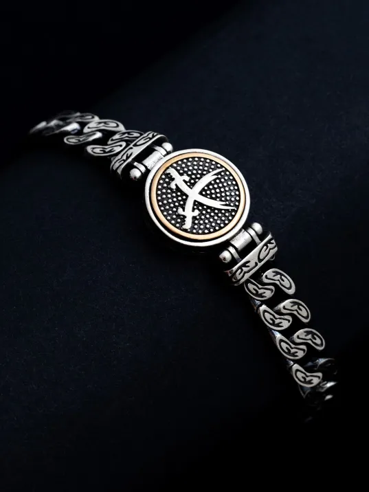 Erkek Gümüş Bileklik - Ortası Dönen Çift Zülfikar Kılıç Model Gurmet Zincir Gümüş Bileklik Künye