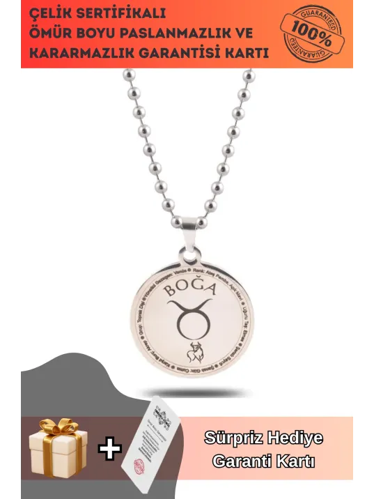 Boğa Burcu Kolye Kadın Erkek Çelik Kolye Top Zincir GKLBOGABURC-GMS