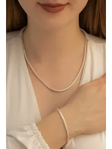 Kadın Gümüş Kolye Bileklik Set - 3mm Gümüş Beyaz Tilki Kuyruğu Model Kadın Kolye Bileklik Set