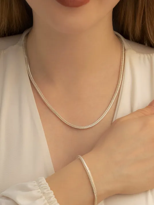 Kadın Gümüş Kolye Bileklik Set - 3mm Gümüş Beyaz Tilki Kuyruğu Model Kadın Kolye Bileklik Set