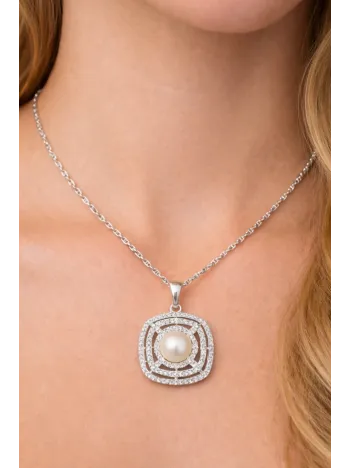 Kadın Gümüş Kolye - Kare Model İnci Detaylı Kadın Gümüş Kolye