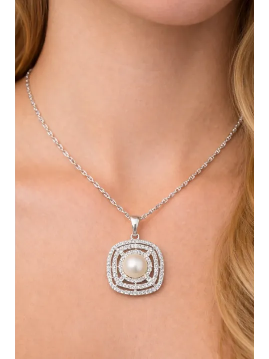 Kadın Gümüş Kolye - Kare Model İnci Detaylı Kadın Gümüş Kolye