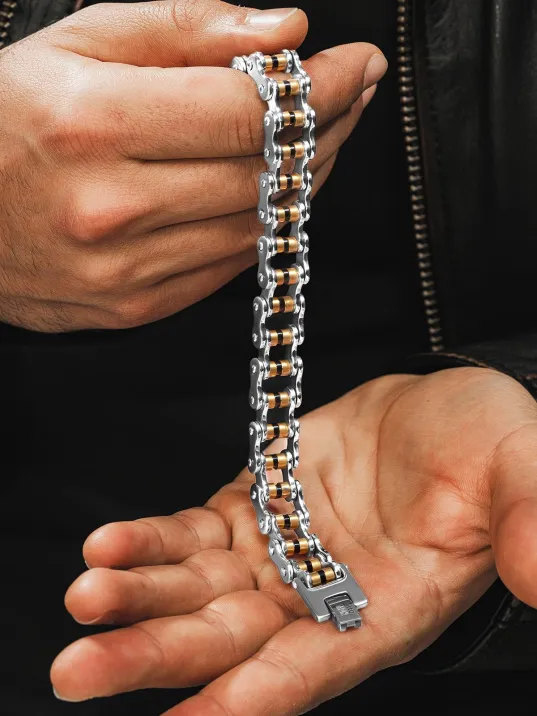 OttoMan Kalın Motosiklet Zinciri Erkek Çelik Bileklik Sarı Beyaz Model