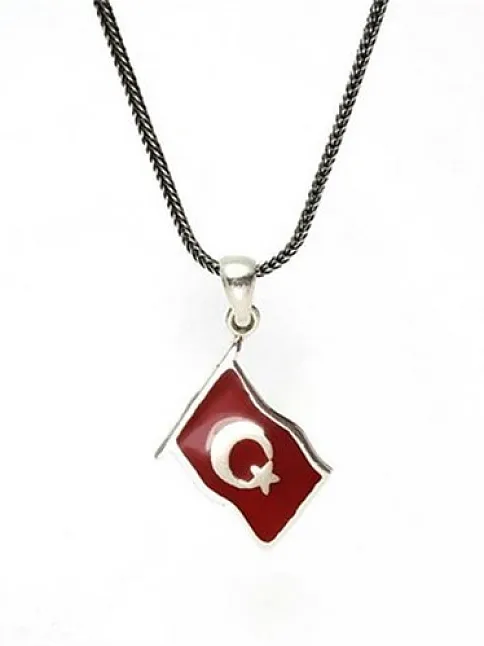 Mineli Gümüş Ay Yıldız Bayrak Kolye Zincir