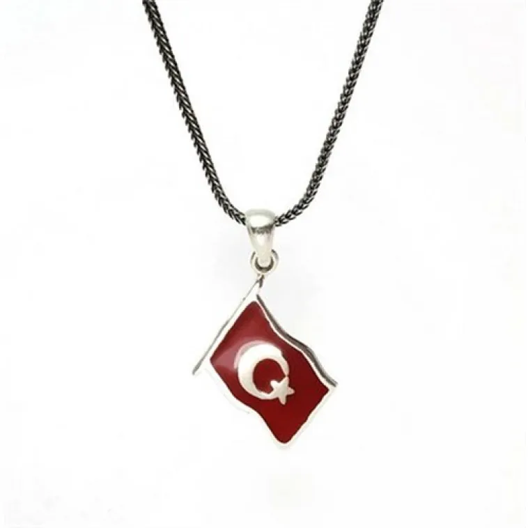 Mineli Gümüş Ay Yıldız Bayrak Kolye Zincir Mineli Gümüş Ay Yıldız Bayrak Kolye Zincir