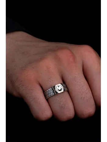 Erkek Gümüş Yüzük - Ay Yıldız Türk Bayrağı İnce Kibar Erkek Yüzük