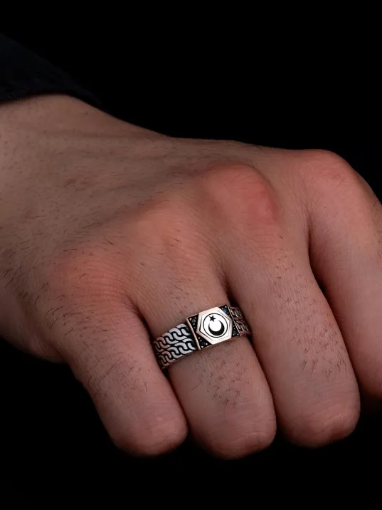 Erkek Gümüş Yüzük - Ay Yıldız Türk Bayrağı İnce Kibar Erkek Yüzük