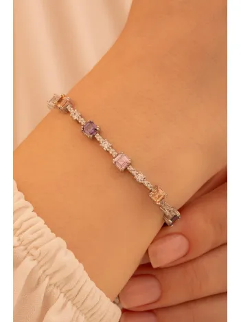 Kadın Gümüş Bileklik - Renkli Taşlı Kare Model Zirkon Süslemeli Kadın Bileklik