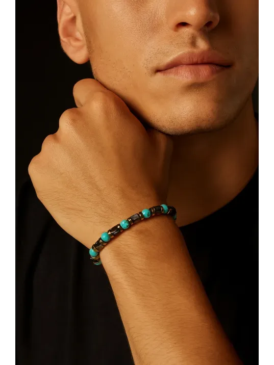 Erkek Kadın Çelik Bileklik - Turkuaz Taşlı Küp Model Sarı Detaylı Erkek Kadın Bileklik