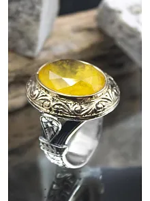 Sarı Paraiba Taşlı Yanları İşlemeli Oval 925 Ayar Gümüş Erkek Yüzük