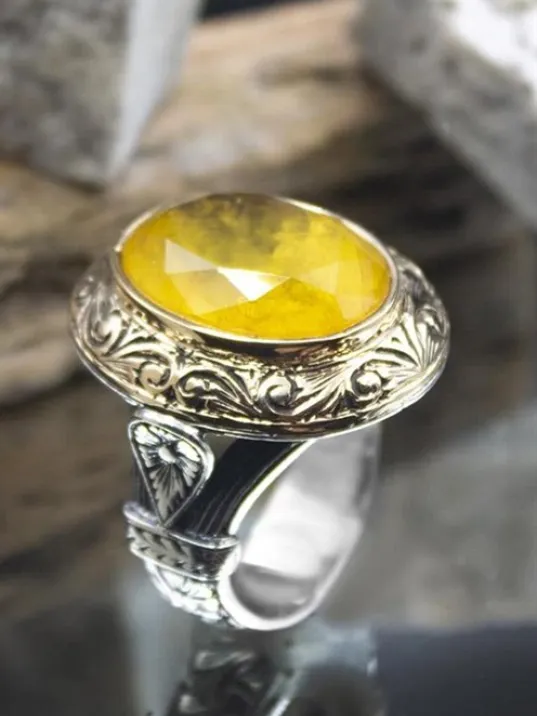 Sarı Paraiba Taşlı Yanları İşlemeli Oval 925 Ayar Gümüş Erkek Yüzük