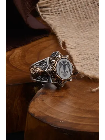 Çift Başlı Selçuklu Kartalı Model Miğfer Kalkan İşlemeli Koleksiyonluk Erkek Gümüş Yüzük