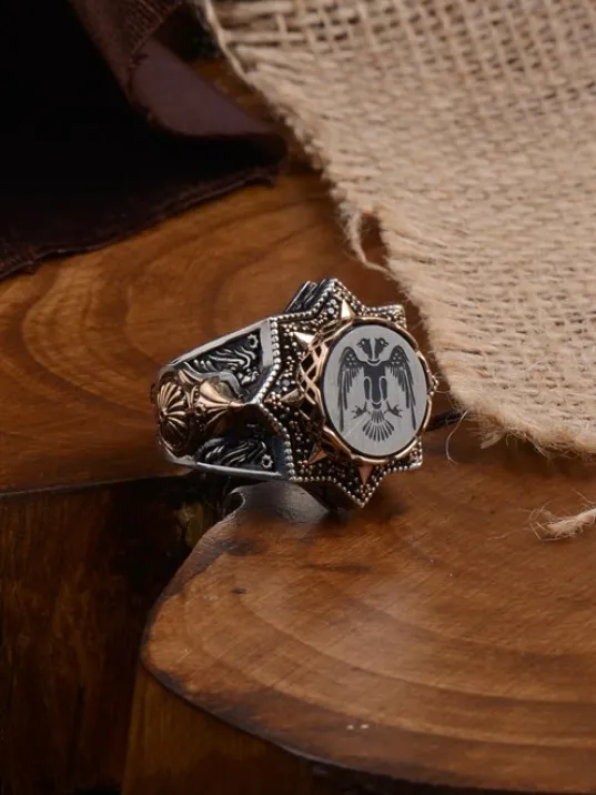 Çift Başlı Selçuklu Kartalı Model Miğfer Kalkan İşlemeli Koleksiyonluk Erkek Gümüş Yüzük