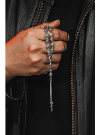 Erkek Tesbih - Zümre Oksitli 925 Ayar Gümüş Erkek Tespih Orta Boy 28gr