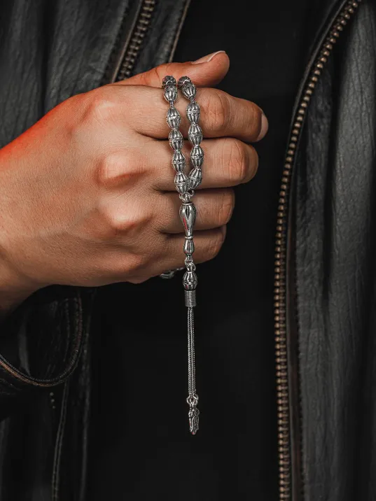 Erkek Tesbih - Zümre Oksitli 925 Ayar Gümüş Erkek Tespih Orta Boy 28gr