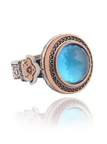 Blue Topaz Aqua Marin Taşlı Kubbe Model Yanı Teşkilat-ı Mahsusa İşlemeli Erkek Gümüş Yüzük