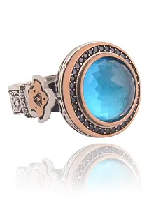 Blue Topaz Aqua Marin Taşlı Kubbe Model Yanı Teşkilat-ı Mahsusa İşlemeli Erkek Gümüş Yüzük