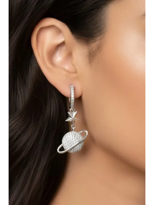 Kadın Gümüş Küpe - Yıldız Ve Satürn Gezegen Model Zirkon Taş Gümüş Küpe