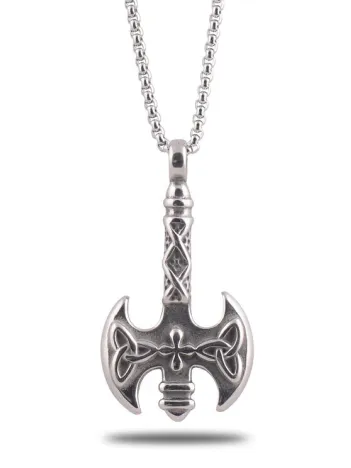 Ottoman Motifli Çift Taraflı Balta Model Çelik Erkek Kolye Zincir CKLBLTMDLKL-GMS