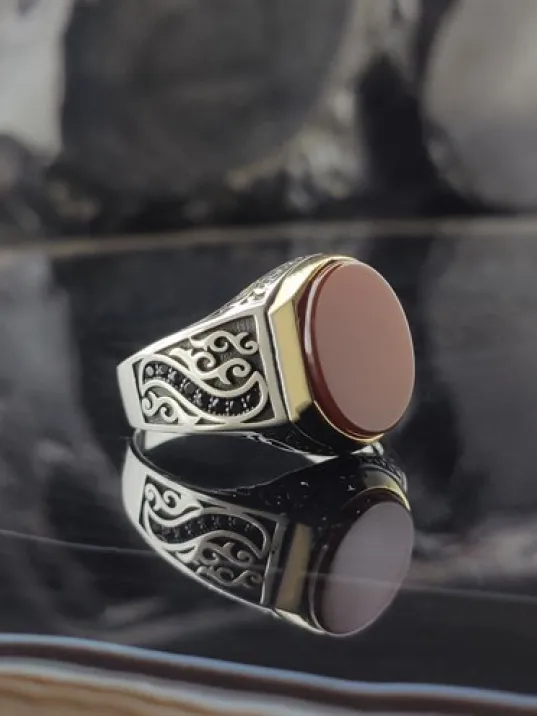 Mikro Taşlı Akik Gümüş Erkek Yüzük  GYZGMSGUMSI