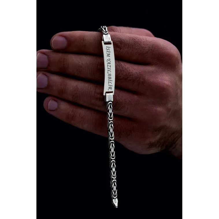 Erkek Gümüş Bileklik - İsim Yazılabilir 4.2 mm Kare Kral Gümüş Bileklik